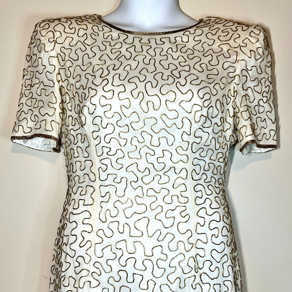 Vintage Joan Leslie Evening Dress Silk Sz 10 Cream Ivory gold Beaded‎ Stunning!